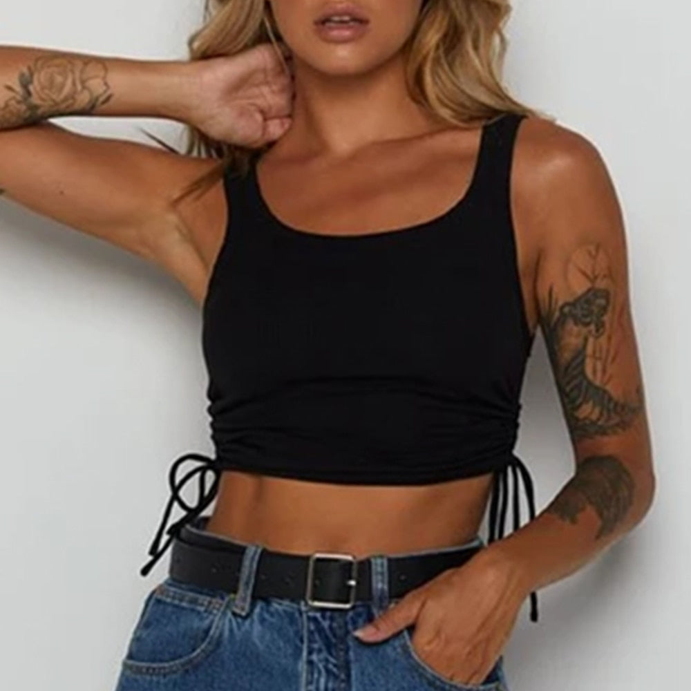 Women Sexy Solid Tank Tops Ribbed Knitted Elastic Crop Top Off Shoulder Stretch Vest Ruched Drawstring Adjustable Length Tee