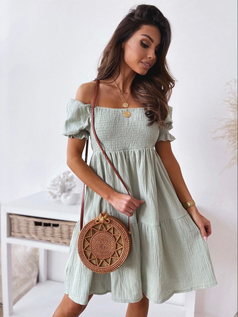 Women Sexy Dress Summer Ladies Beach Swing Off Shoulder Sundress Soild Casual Loose Pleated A-line Sun Dress
