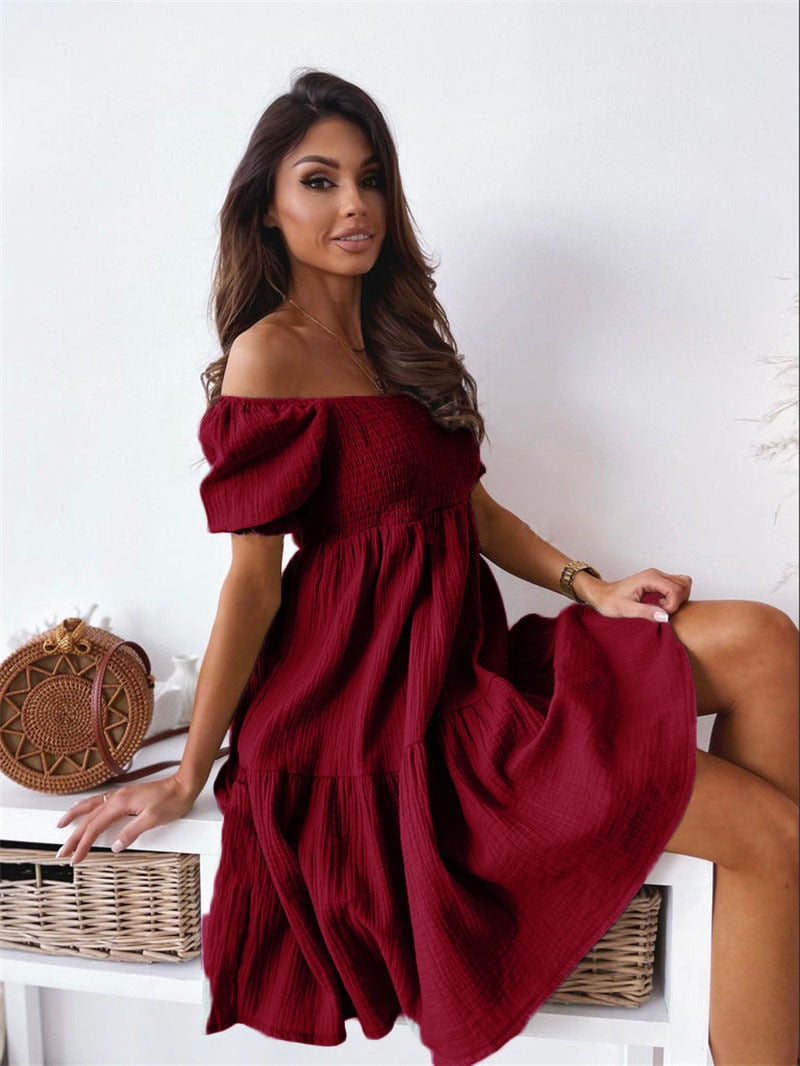 Women Sexy Dress Summer Ladies Beach Swing Off Shoulder Sundress Soild Casual Loose Pleated A-line Sun Dress