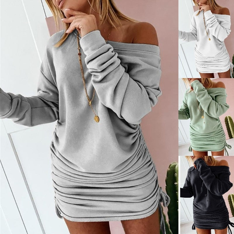 Off Shoulder Ruffled Drawstring Sexy Robe Autumn Pure Women Long Sleeve Mini Pencil Dress Sweatshirt Streetwear Dresses Female