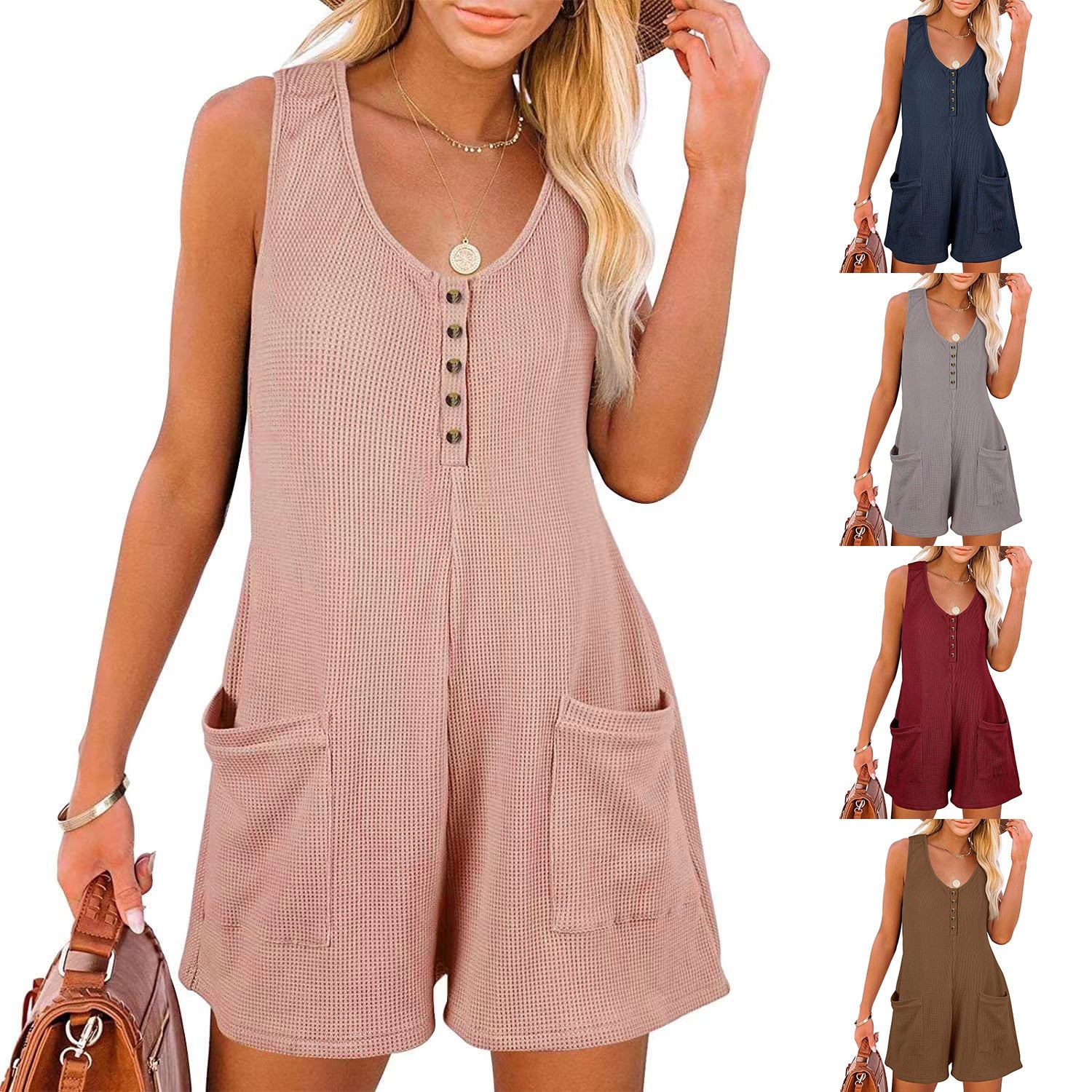 Women Loose Pocket Playsuits Summer Female V Neck Button Sleeveless Tank Wide Leg Romper Jumpsuits Female Overalls BXKJ-BX23002