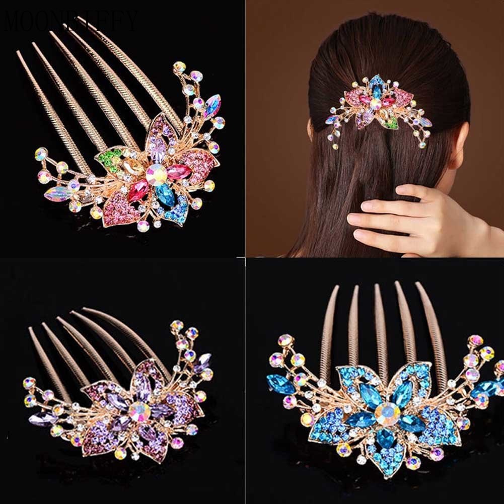 Vintage Flower Crystal Hairclips Fashion Rhinestone Hair Combs Plastic Shiny