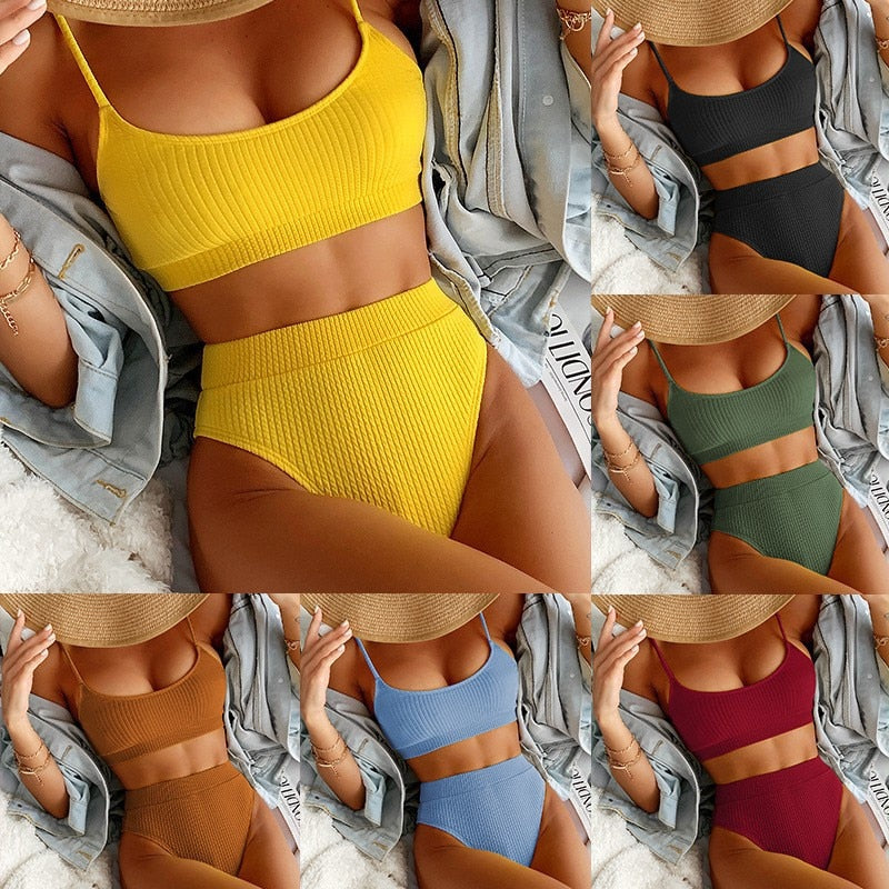 U neck strap top high waist spiral rib women two piece bikini set Brazilian Swimsuit Set