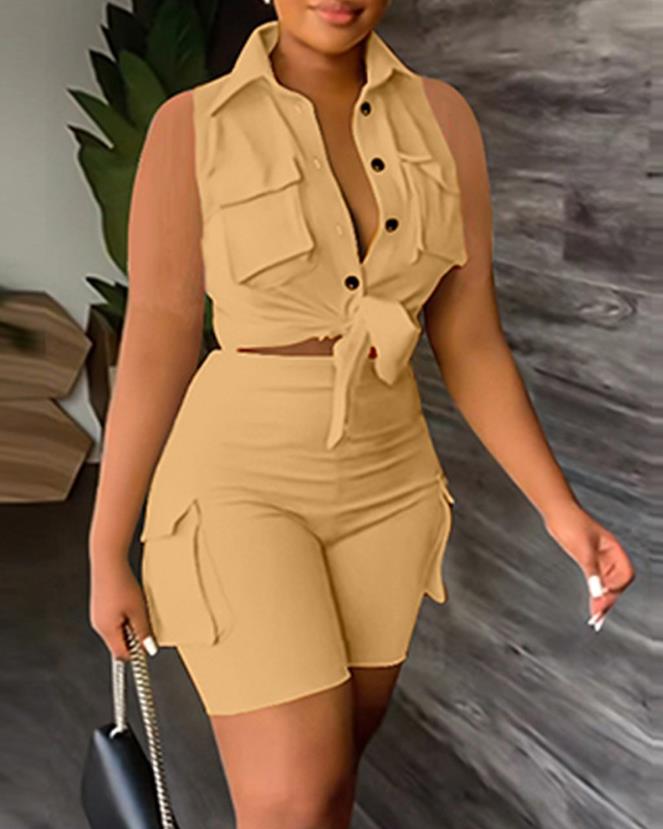 sexy Womens Two Piece Sets Outfit Buttoned Pocket Design Sleeveless Top & High Waist